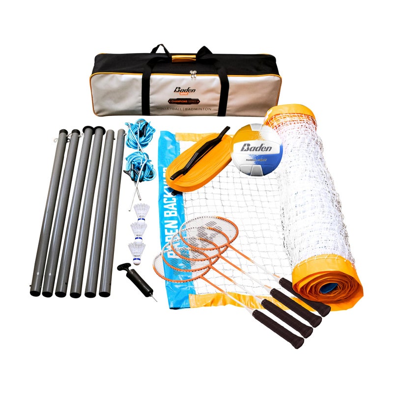 Baden Champions Volleyball/Badminton Portable Combo Set Orange/Blue Official Size 32 ft Wide Net + 4 Raquets + 3 Birdies + Boundary + Volleyball + Pump + Carry Bag - Image 1